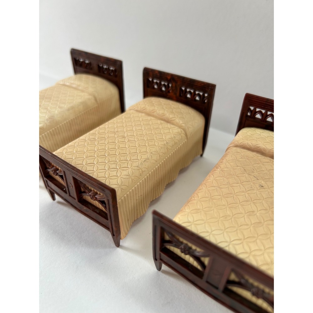 Vintage Renwal Dollhouse Furniture Set 3 Single Beds No 88 Brown Cream Plastic